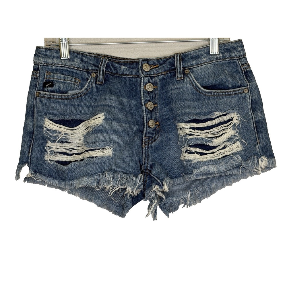 KanCan Jean Shortie Shorts Womens Size Medium Wash Distressed Denim Button Fly